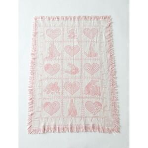 Vintage 1990 MWW Baby Tapestry Blanket Pink White Bunny Hearts Nursery 47x32